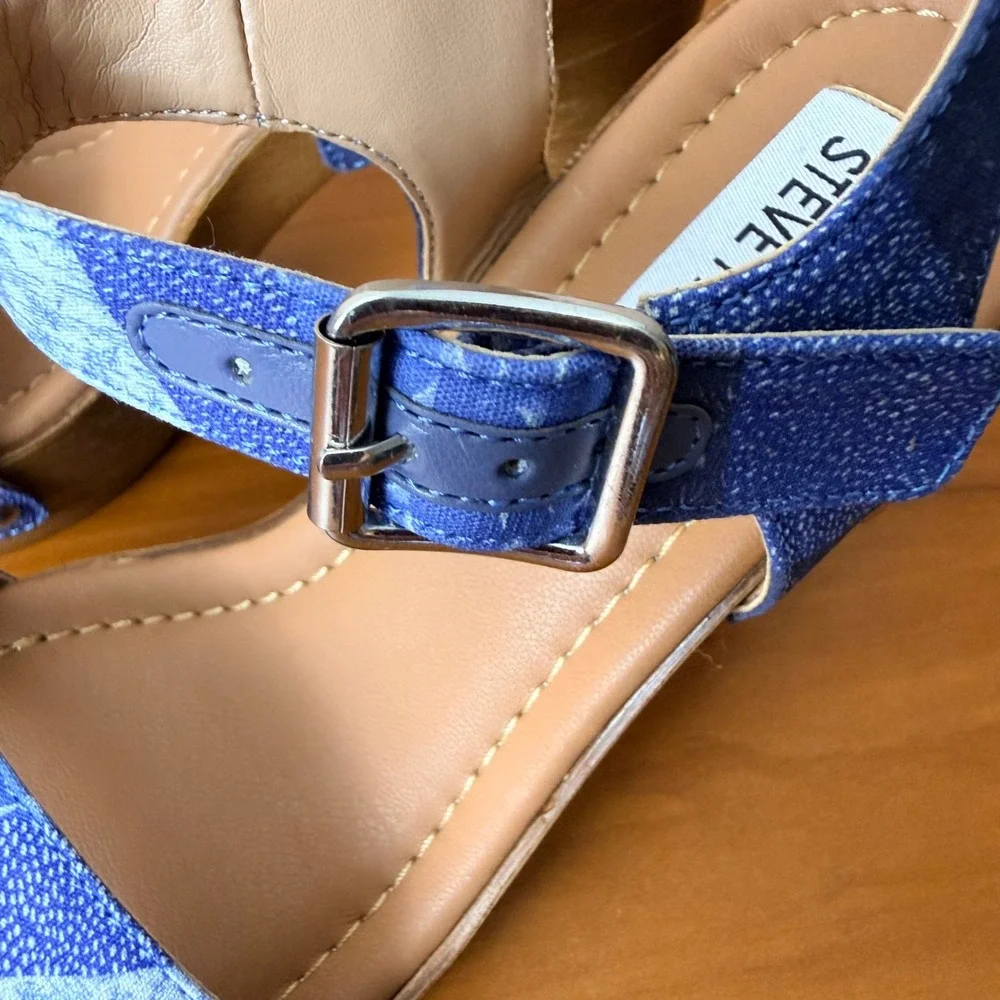 Steve‎ Madden Womens Blue Patchwork Denim Platform Block Heel Sandals Size 6M